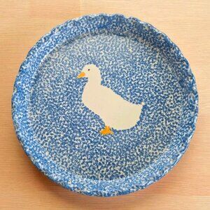 Vtg Ovenware Duck Blue White Spongeware Pie Plate Dish 11.75" Round Grandmacore